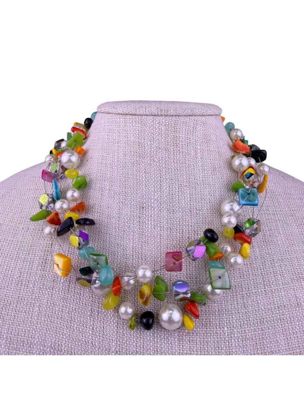 Multi-Strand Womens Multicolor Acrylic & Faux Pearl Necklace
